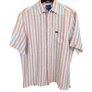 Faconnable 100%‎ Linen Short Sleeve Shirt Striped Front Pocket Mens Medium